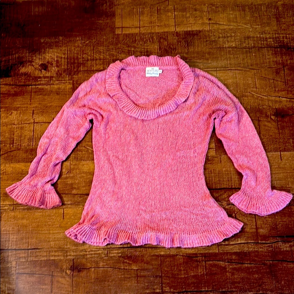 Pink Knit Sweater with Ruffled Edges